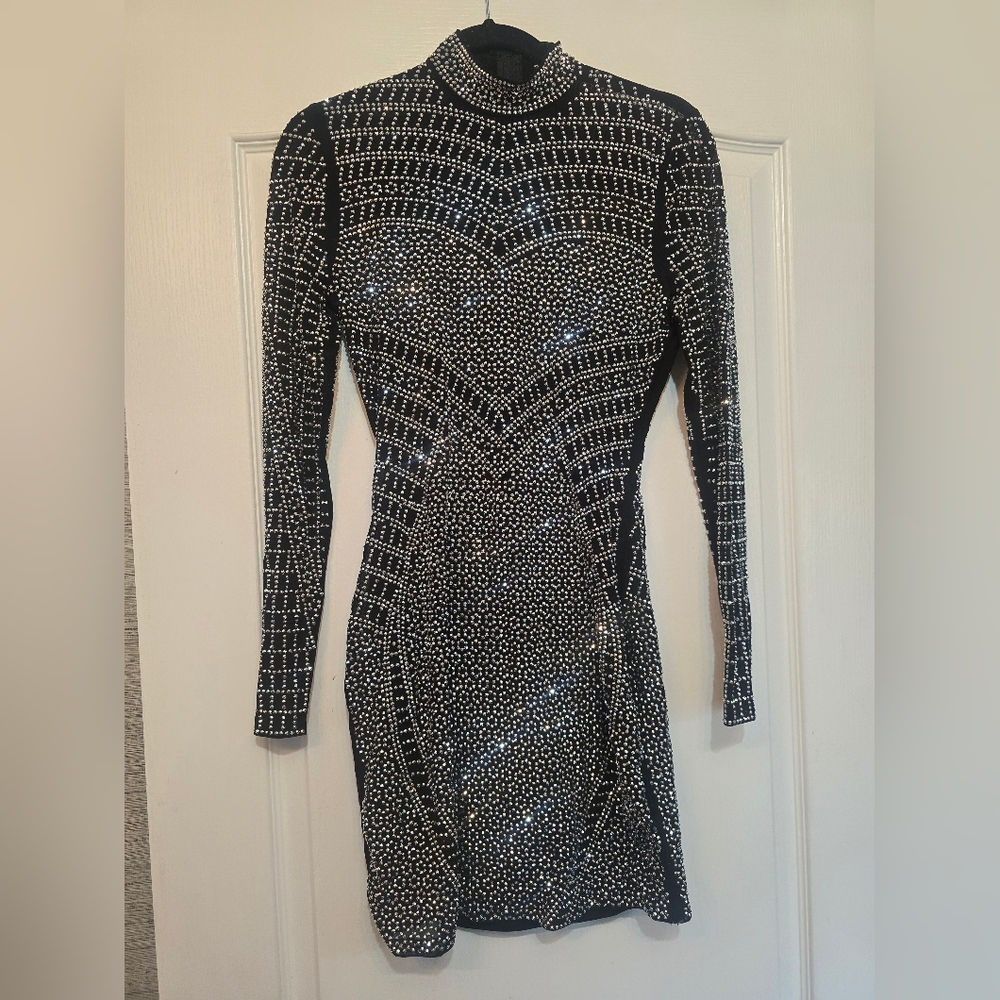 Fashion Nova Black and Silve Rhinestone Long Sleeve Dress. New Years Eve